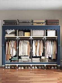 Portable Minimalist Wardrobe For Home/Bedroom, Equipped With Hanging Area And Multi-Layer Storage Racks, Top Design With Shelving, Durable Steel Frame, Essential Storage Cabinet For Clothing Organization - Multicolor - View 4