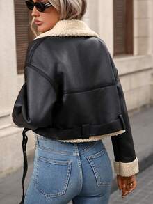 Women's Faux Leather Sherpa Motor Jacket Bomber Aviator Cropped Coat