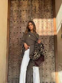 Áo khoác cardigan dệt kim ngắn tay dài cổ choàng dáng rộng, thích hợp cho mùa Thu/Đông/Xuân. - Xám - Xem 4