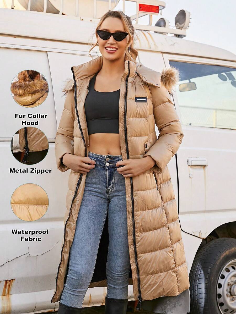 ZIAI Damen Lässig einfarbige Winter Mäntel Neue Mode Gürtel Schlank Dicke Mäntel Damen Herbst Winter Büro Tragen Pelz Kapuze Damen Winter Mantel