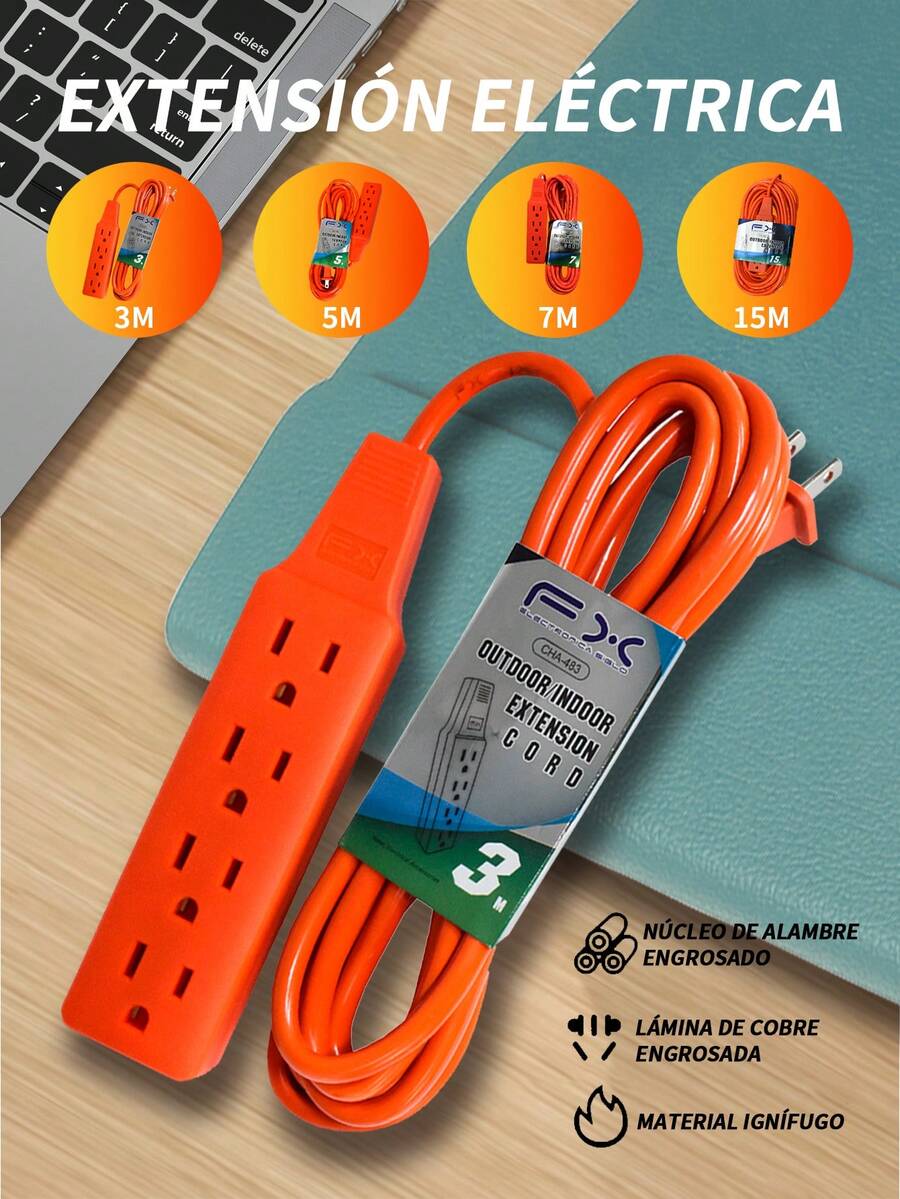 1pieza (barra 4 entradas)Cable de extensión para uso al aire libre, resistente y durable, compacto, ignífugo y con protección contra sobrecarga. Ideal para oficinas, cocinas, dormitorios, viajes y otros lugares. Naranja (opcional 3M/5M/7M/15M)