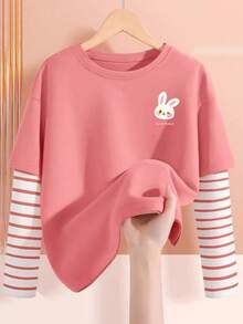 3 件套年轻女孩可爱上衣、儿童女孩优雅 T 恤、带心形图案的保暖内衣