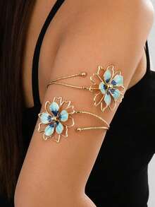 1pc Iron Alloy Double-Head Enamel Glazed Floral Open Bangle, Minimalist And Elegant Design, Suitable For Mother's Day Gift, Parties, And Everyday Wear - 藍色2 - 查看 12