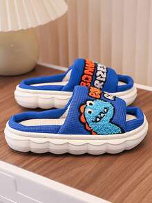 1 Pair Unisex Kids/Toddlers' Indoor Outdoor Slippers, Non-Slip Durable Comfortable Home Shoes, Flat Slides - Blue - View 3