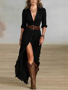 Chic Commuting Solid Color Small Lapel Long-Sleeved Dress Mid-Waist Straight Skirt Sexy Hot Girl Style - Black - View 2