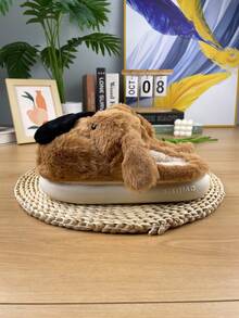 Chinelos de Algodão com Formato de Cachorro Fofo para Mulheres, Forro de Pelúcia Quente de Inverno, Sola Antiderrapante, Chinelos de Quarto