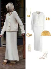 女士优雅休闲纯色两件套，时尚街头蓬松长袖单排扣开衫和裙子针织套装，秋冬 - 白色 - 查看 11