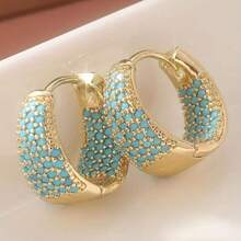 1 Paar Luxus Damen Creolen, vollständiges Diamant Design mit Türkis Einlage, geeignet für den täglichen Gebrauch, Geschenk für die Freundin. Halloween Schmuck, Weihnachtsgeschenk