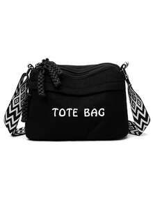 Women's Fashion Corduroy Material Letter Print Multi-Compartment Multi-Zipper Shoulder Bag, Convenient Lightweight Travel Bag With Multiple Pockets For Shopping Or Travel - Black - View 5