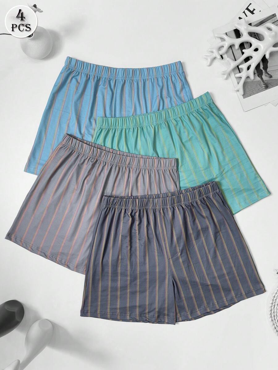 4pcs/Set Men's Striped Print Airy Casual Shorts, Breathable Elastic Waist Loungewear Pajama Shorts, Multi-Color Combination