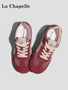 1 đôi giày nữ La Chapelle đế dày buộc dây, đế mềm, giày bệt cổ thấp ngoài trời, mũi tròn, gót thấp, màu trơn, thanh lịch, đế mềm, thích hợp cho sinh viên chụp ảnh tốt nghiệp, giày thể thao da cổ thấp nữ - Đỏ cổ điển - Xem 4