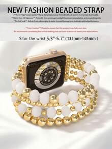 串珠手链，兼容 表带 41 毫米 40 毫米 38 毫米 42 毫米 44 毫米 45 毫米 49 毫米，金色串珠，可爱手工弹力表带，适用于 SE 9 8 7 6 5 4 3 2 1 系列，情侣礼物，金手链套装 - 金色/白色 - 查看 3
