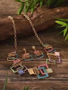 Cring Coco 3pcs/Set Fashion Boho Simple Enamel Geometric Jewelry Set For Woman Accessories New Zinc Alloy Necklace And Earring Sets Minimalist Design Suitable For Daily Dance Party Holiday Music Festival Valentine's Day Jewelry Gift