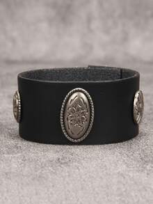 1pc Oval Embossed Floral Men's Leather Bracelet, Vintage Style Minimalist Versatile Accessory, Men's Wristband Christmas Gift, Suitable For Holiday Wear