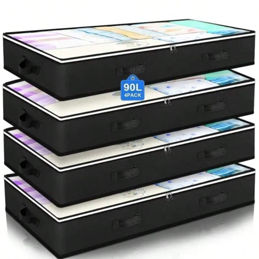 4 Pack Under Bed Storage, 90L Collapsible Closet Containers Organizers And Under Bed Storage Bins, Underbed Storage Bags For Wrapping Paper,Blanket,Towels,Clothes,Comforter,Sweaters,Linen Sheets - màu đen - Xem 1
