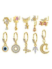 10/15pcs Heart & Flower L-Shaped Nose Studs, Copper Zirconia Nose Rings, 18K Gold Plated Nose Jewelry, Suitable For Women's Daily Wear And Gifts - Yellow Gold - View 17