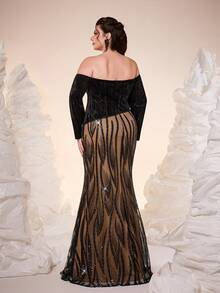 Mgiacy-POP,New Arrival,Off Shoulder,Elegant,Large Size Evening Gown Dress,Asymmetric,Sequin,3D Floral,Sequin Splicing,Package Hip,Mermaid Hem Dress,FOR,Prom Wedding,Party Dress,Wedding Guest Dress,Evening Dress(Non-Positioning) - Black - View 2