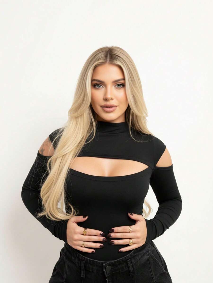 Bori Women's Bodysuit Long Sleeve Cutout Bust Hollow Out Sleeve High Neck Chic Timeless Leotard Second Skin - 黑色 - 查看 1