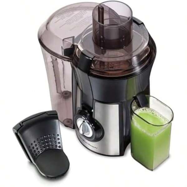 Extractor De Jugos Fruta Y Verdura Hamilton Beach Beach Easy Clean modelo 67735 Negro, potencia de 800 watts, boca extra grande para que pueda introducir la fruta entera, Limpieza sin estrés con herramienta de limpieza patentada Easy Sweep