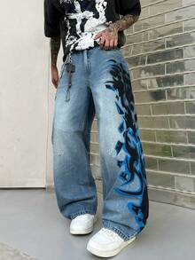 1pc Men's Handpainted Graphic Wide Leg Jeans, Streetwear Casual Loose Fit Washed Denim Pants (No Belt Or Accessories) - Blue - View 3