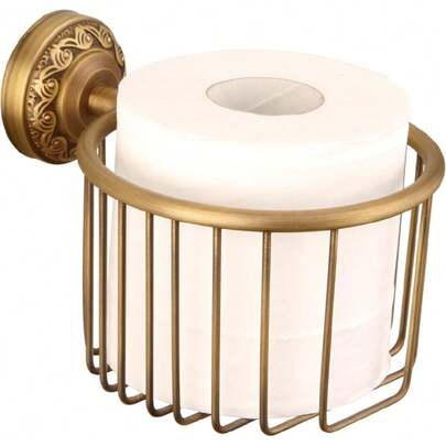 Vintage Wall-Mounted Toilet Paper Holder With Wire Basket Design, Antique Brass, Wall-Mounted Bath Hand Towel Holder With Braiding Carvings, Vintage Style.,23563676