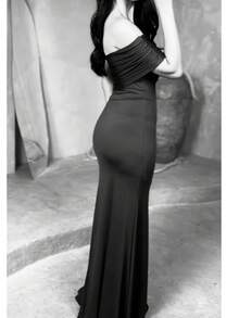 Bridesmaid Dress For Party Guests, Reception, Graduation, Without Shine In Flowing, Crossed On The Bust, 1 Shoulder - 紅木色 - 查看 2