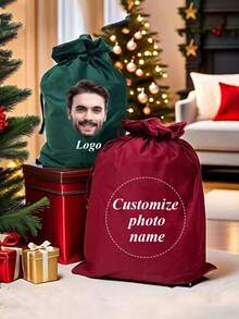 Borsa natalizia personalizzata, borsa natalizia in velluto, scatola regalo di Natale, borsa natalizia di grande capacità, stampata con nome e iniziale, borsa regalo per feste di Natale