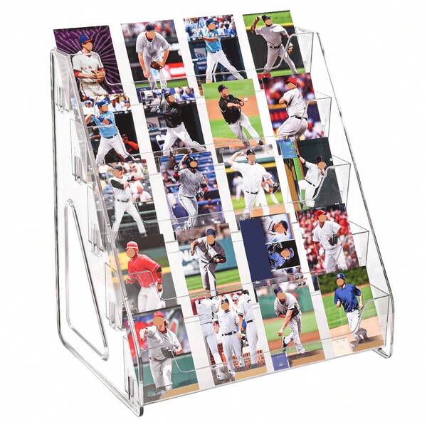 Soporte de exhibición de tarjetas de intercambio de acrílico, Soporte de exhibición de tarjetas claro de 5 niveles para tarjetas deportivas calificadas, Muestra tu preciada colección | Estantería de coleccionista curada con vista de 360°, Estuche de exhibición perfecto para el hogar u oficina, Estantería de sobremesa ahorradora de espacio para coleccionables, Diseño antivuelco