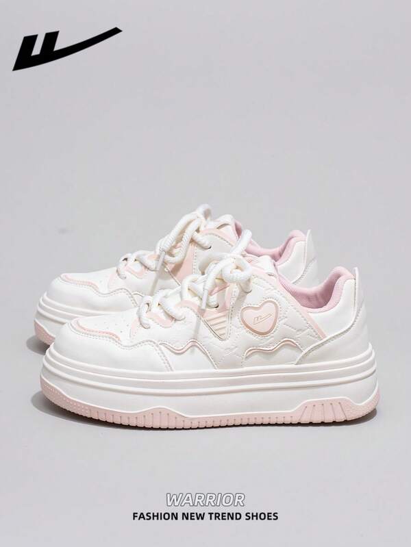 WARRIOR 1 Pair WARRIOR Women's Casual Skateboard Shoes, Lace-Up Design, Thick Sole, Increased Height, Low-Top Outdoor Flat Skateboard Shoes, Warm And Casual For Autumn/Winter. Modern Design Women's Thick-Soled Chunky Sneakers, Classic Style With Retro Details, Comfortable And Stylish. Patchwork Material Design Suitable For Students.