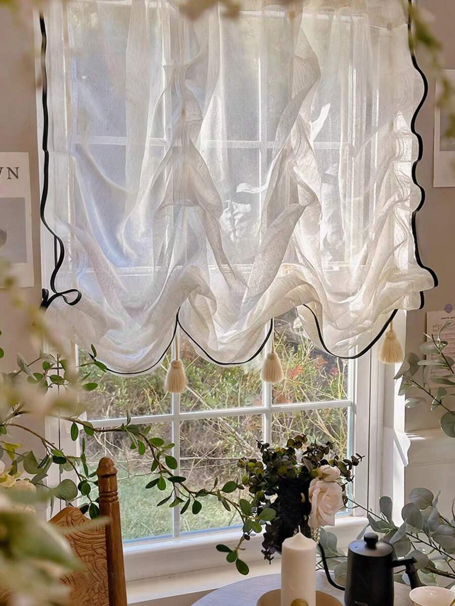 1 件法式复古风格奶油色薄纱窗帘，日式升降系带厨房隔断帘，装饰性半帘 - 彩色 - 查看 1