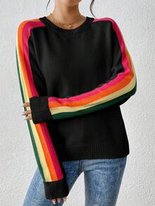 女士彩色彩虹条纹休闲圆领长袖毛衣，秋冬季黑色 - 黑色 - 查看 7