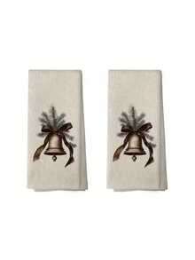 1/2/4 件超长 15.7X23.6 英寸复古圣诞厨房毛巾 - 农舍装饰洗碗布，米色和棕色树和铃铛图案，质朴的米色节日茶巾，适合圣诞节、新年和日常使用 - 可机洗，2 件套，带有节日松树和铃铛图案，背景带有红丝带蝴蝶结 - 彩色 - 查看 9