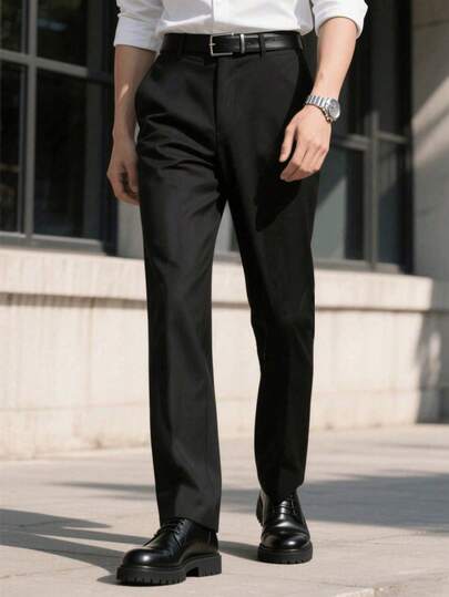 بنطلون رجالي كاجوال أعمال مريح وناعم مستقيم، بنطلون بدلة نحيف وبسيط