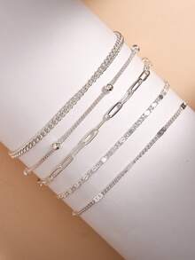 Nooxian 5 件/套女士手链套装，时尚休闲混合风格银串珠链和压花链多层堆叠手链，珠宝礼物（链环数量随机） - 銀色 - 查看 3