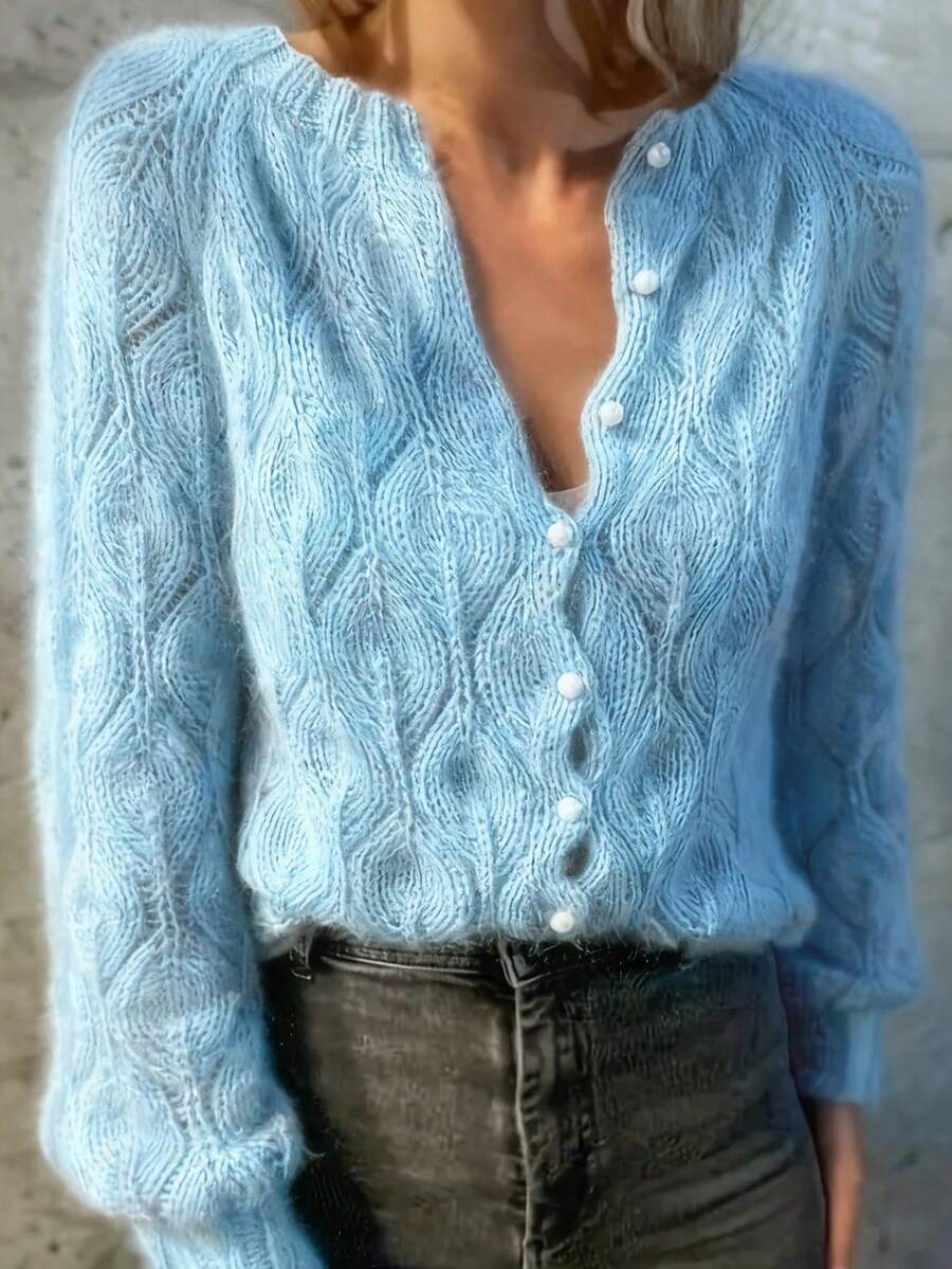 Áo khoác cardigan dài tay cổ tròn, màu xám trơn, cài cúc ngọc trai, kiểu dáng thanh lịch, phù hợp cho công sở, tiệc tùng và các dịp xã giao mùa thu | Thoải mái khi mặc - Màu xanh lam - Xem 1