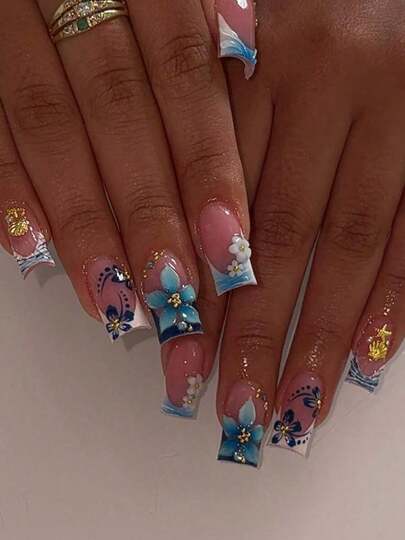 24pcs/Set Y2K Chic Style Sweet Blue Flower French Gradient Ripple 3D White Flower Delicate Gold Starfish Shell Decor Medium Length Press-On Nails, Suitable For Girls/Women For Daily Wear, Summer Beach, Autumn/Winter Nail Supplies