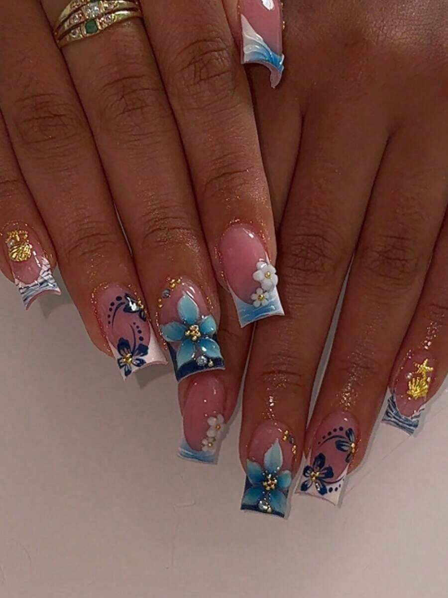 24pcs/Set Y2K Chic Style Sweet Blue Flower French Gradient Ripple 3D White Flower Delicate Gold Starfish Shell Decor Medium Length Press-On Nails, Suitable For Girls/Women For Daily Wear, Summer Beach, Autumn/Winter Nail Supplies - Nhiều màu 2 - Xem 1