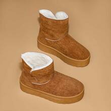 SuperG Women's Platform Furry Ankle Winter Boots Warm Soft Plush Lined Fabric Upper Casual Slip On Fashion Snow Booties - 駝色 - 查看 3