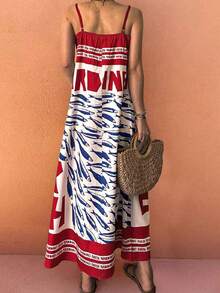 加大码波西米亚风春夏沙滩装休闲百搭吊带字母沙丁鱼印花热带度假女装 A 字裙返校秋季女装