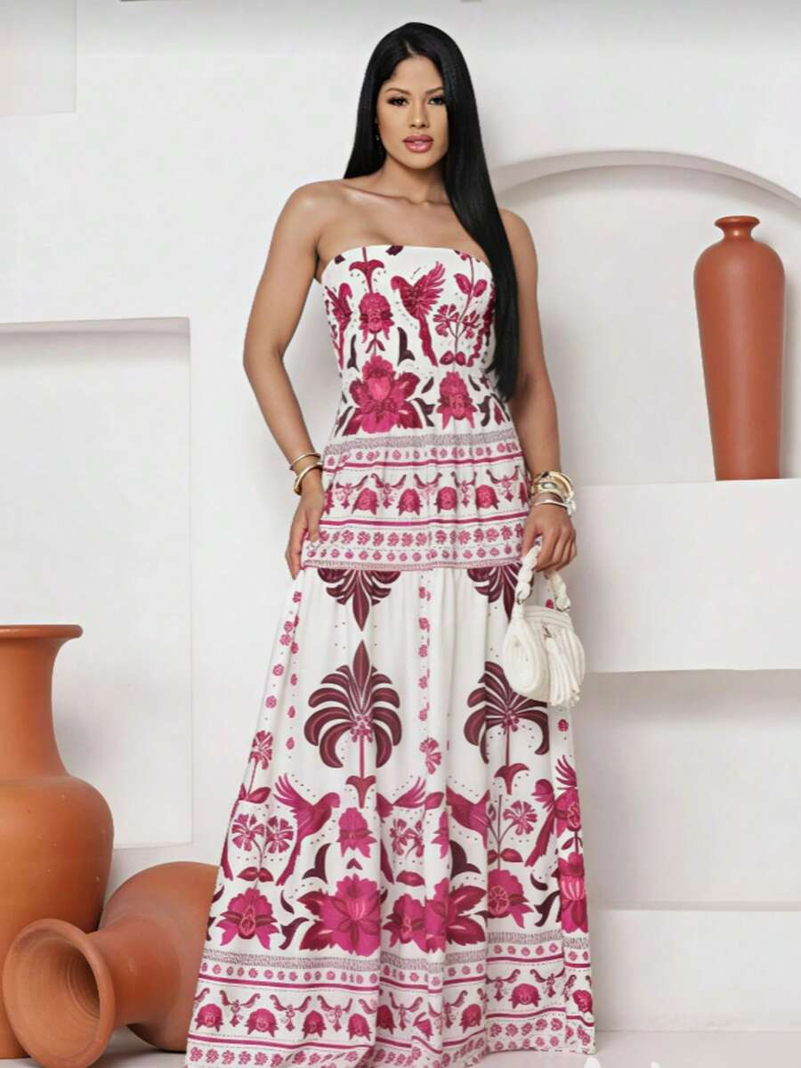 July Tropical Strapless Dress In Various Prints, 2025 Collection - White/pink - View 1