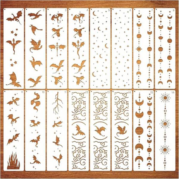 16 szablonów obramowań do malowania tła w kształcie księżyca, gwiazdy i smoka, szablony do malowania na płótnie, meblach i ścianie