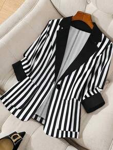Women's Fashion Black And White Striped Short Jacket, Collared, Long Sleeve, Button Front, Regular Length, Woven Fabric, Non-Stretch - Black - View 7