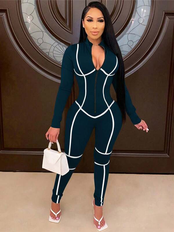 Mono informal de dos usos con cuello alto simulado, cremallera frontal y mangas largas con ribete de color contrastante para mujer