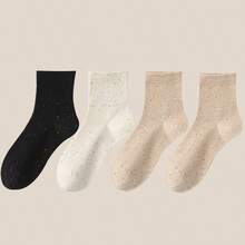 4 Pairs Women's Wide Mouth Dotted Mesh Thin Cotton Casual Socks, Japanese Style Daily Wear, Odor Resistant Mid-Calf Socks
