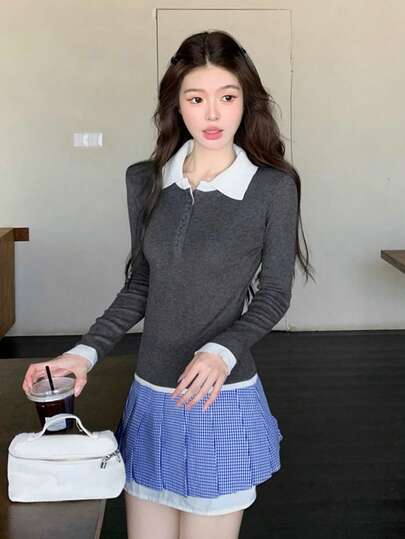 New Collared Color Block Fitted Knit Sweater, Unique And Stylish Design