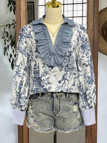 女士时尚优雅蓝色花卉瓷纹V领褶皱蕾丝设计，条纹袖口装饰，长袖宽松衬衫，秋冬款 - 藍白色 - 查看 3