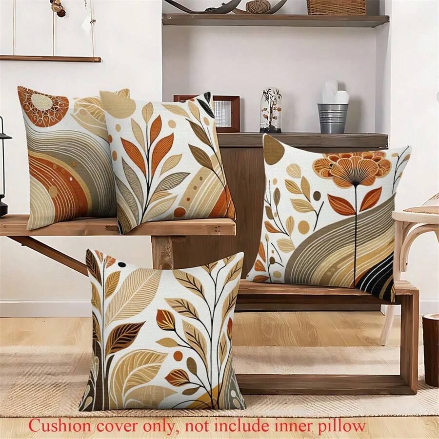 4 piezas de Fundas de almohada de estilo tradicional de poliéster, con estampados florales y bohemios de plantas, impresión de un solo lado, con cremallera, lavables a máquina, fundas de almohada para decoración del hogar