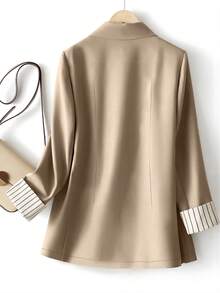 Plus Size Women Casual/Work Cuff Stripe Contrast Color Single Button Long Sleeve Blazer - Camel - View 2