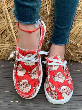 Women's Autumn/Winter New Versatile Casual Sports Shoes, Christmas Gift/Santa Claus Christmas Tree Print, Round Toe Outdoor Shoes, Lightweight Low-Top Sneakers For Couples Street, Nightclub, Gatherings