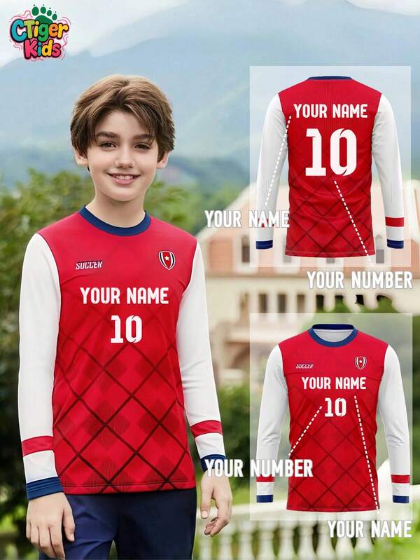 1 Stück Kinder Langarm Fußball Trikot - Personalisierter Name & Nummer Druck (Vorder-/Rückseite) - Rotes Argyle Muster mit weißen Ärmeln - Schnelltrocknend und atmungsaktiv - Inspiriert für Fußball, Volleyball, Basketball, Freizeitbekleidung, Halloween, Thanksgiving, Weihnachten und Neujahr Geschenke